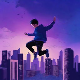 A high-quality digital art depicting a boy falling during the blue hour