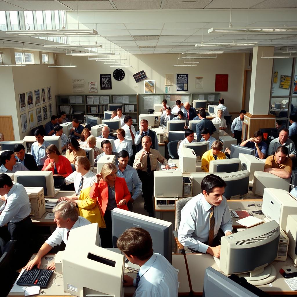 A bustling office environment from the year 2005, showcasing the dynamics of a workplace with 200 employees