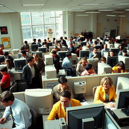 A bustling office environment from the year 2005, showcasing the dynamics of a workplace with 200 employees