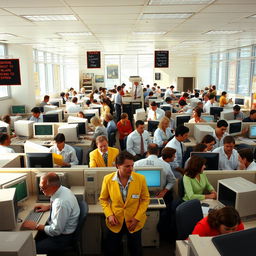 A bustling office environment from the year 2005, showcasing the dynamics of a workplace with 200 employees