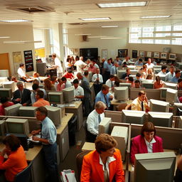 A bustling office environment from the year 2005, showcasing the dynamics of a workplace with 200 employees