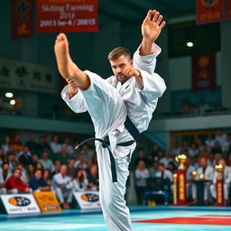 A determined karateka executing a powerful high kick in the midst of a karate competition, showcasing intense focus and dedication