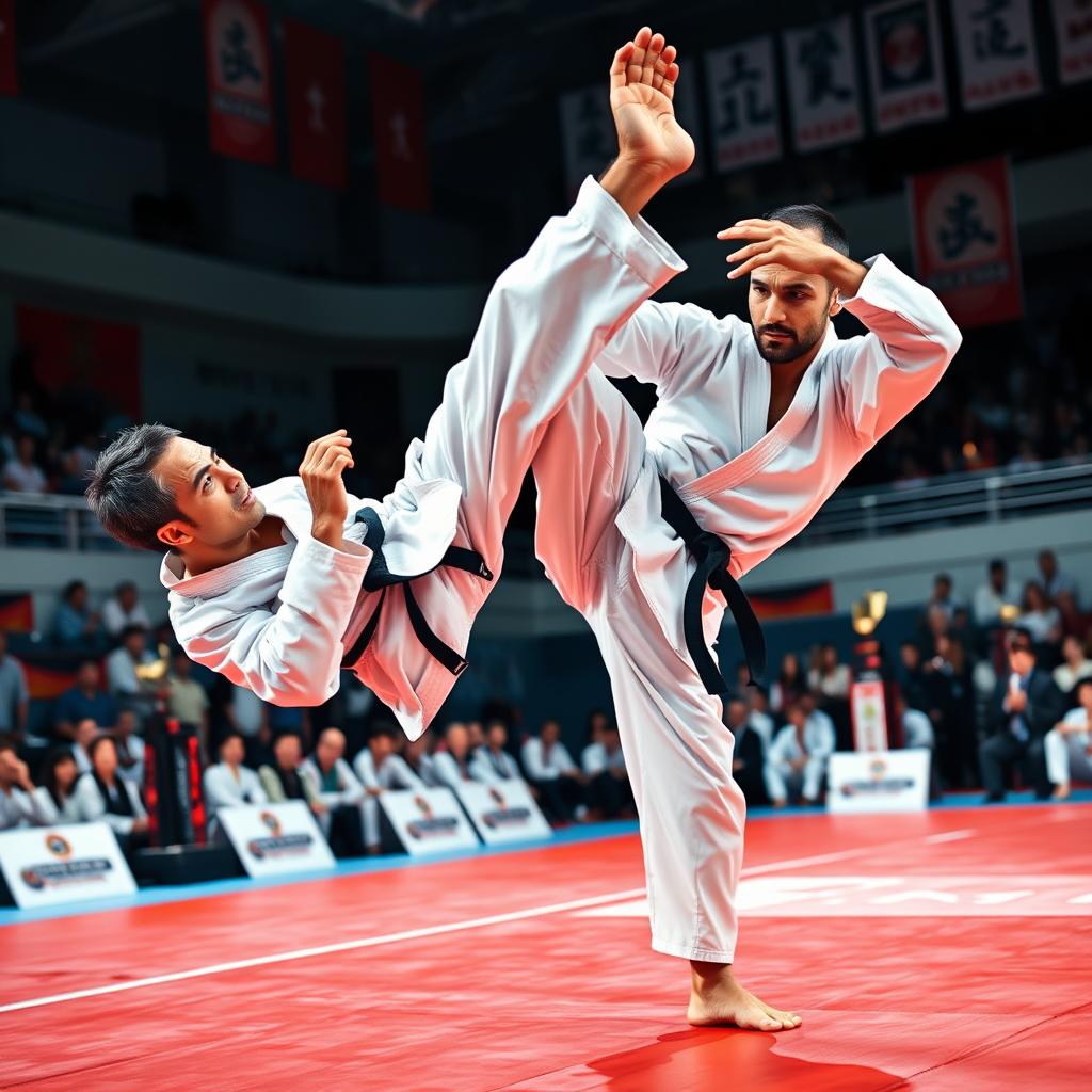 A determined karateka executing a powerful high kick in the midst of a karate competition, showcasing intense focus and dedication