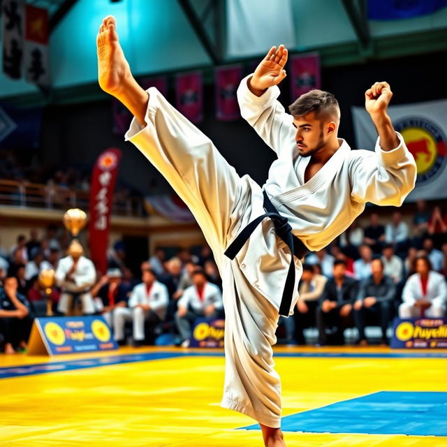 A determined karateka executing a powerful high kick in the midst of a karate competition, showcasing intense focus and dedication