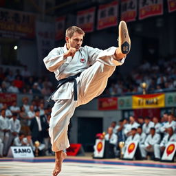 A determined karateka executing a powerful high kick in the midst of a karate competition, showcasing intense focus and dedication