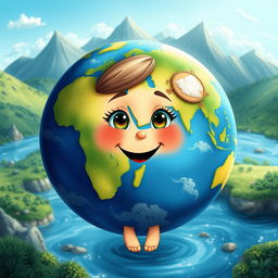 A whimsical and imaginative representation of the Earth as the supercontinent Pangaea, surrounded by the ocean Panthalassa, personified as a cheerful, kind-hearted little girl