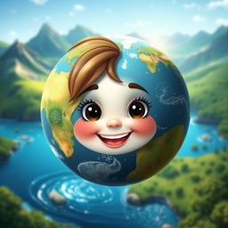 A whimsical and imaginative representation of the Earth as the supercontinent Pangaea, surrounded by the ocean Panthalassa, personified as a cheerful, kind-hearted little girl