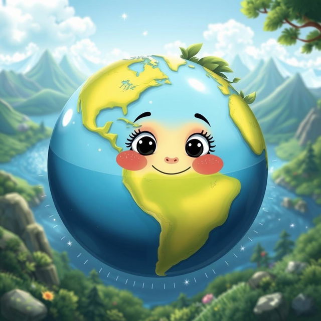 A whimsical and imaginative representation of the Earth as the supercontinent Pangaea, surrounded by the ocean Panthalassa, personified as a cheerful, kind-hearted little girl