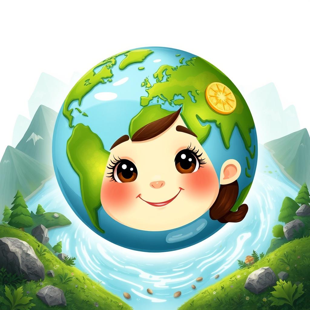 A whimsical and imaginative representation of the Earth as the supercontinent Pangaea, surrounded by the ocean Panthalassa, personified as a cheerful, kind-hearted little girl