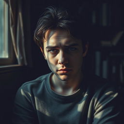 A serene and reflective portrait of a tired soul, showcasing a person sitting quietly in a dimly lit room filled with books and soft shadows