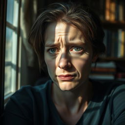 A serene and reflective portrait of a tired soul, showcasing a person sitting quietly in a dimly lit room filled with books and soft shadows