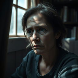 A serene and reflective portrait of a tired soul, showcasing a person sitting quietly in a dimly lit room filled with books and soft shadows
