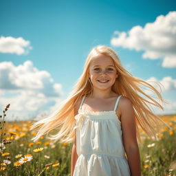 A beautiful blonde girl with long flowing hair, radiant skin, and striking blue eyes