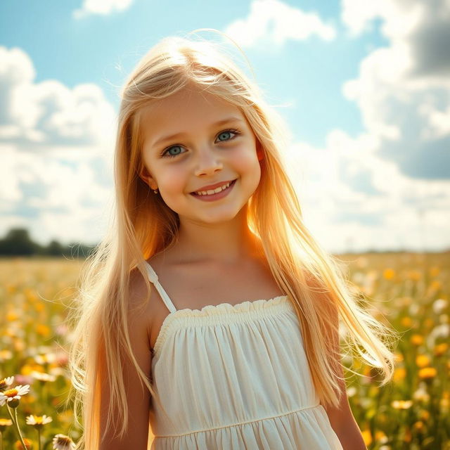 A beautiful blonde girl with long flowing hair, radiant skin, and striking blue eyes