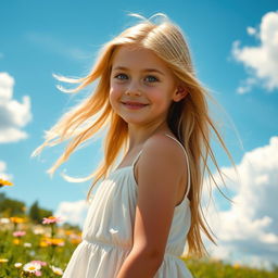 A beautiful blonde girl with long flowing hair, radiant skin, and striking blue eyes
