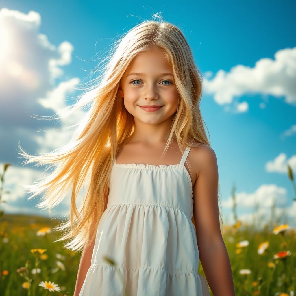 A beautiful blonde girl with long flowing hair, radiant skin, and striking blue eyes