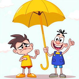 A vibrant cartoon scene featuring two stylized characters standing under a yellow umbrella