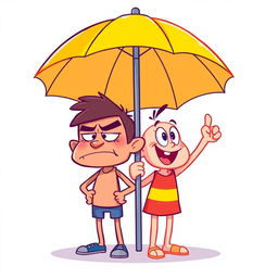 A vibrant cartoon scene featuring two stylized characters standing under a yellow umbrella