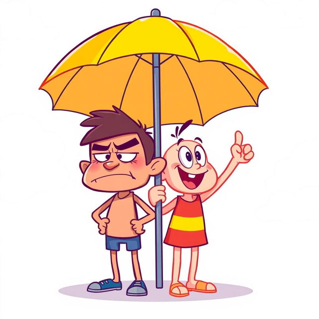 A vibrant cartoon scene featuring two stylized characters standing under a yellow umbrella