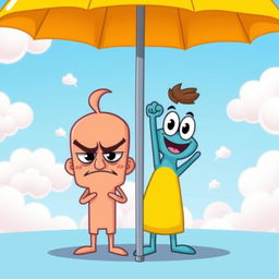 A vibrant cartoon scene featuring two stylized characters standing under a yellow umbrella