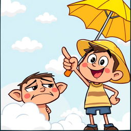 A vibrant cartoon scene featuring two stylized characters standing under a yellow umbrella
