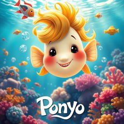 A vibrant movie poster inspired by the style of the film Ponyo, featuring a whimsical underwater scene