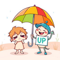 A whimsical cartoon scene depicting two cute cartoon characters under a colorful umbrella