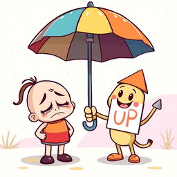 A whimsical cartoon scene depicting two cute cartoon characters under a colorful umbrella