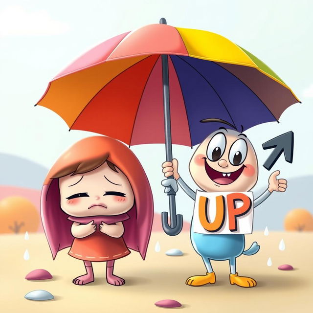 A whimsical cartoon scene depicting two cute cartoon characters under a colorful umbrella