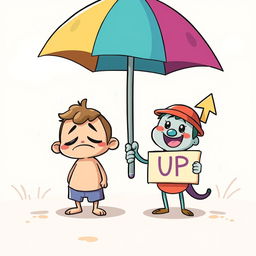 A whimsical cartoon scene depicting two cute cartoon characters under a colorful umbrella