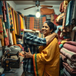 A heartwarming scene inside a small, family-owned tailor shop in a Tamil-speaking region, featuring a brother and his elder sister unexpectedly meeting after a long time