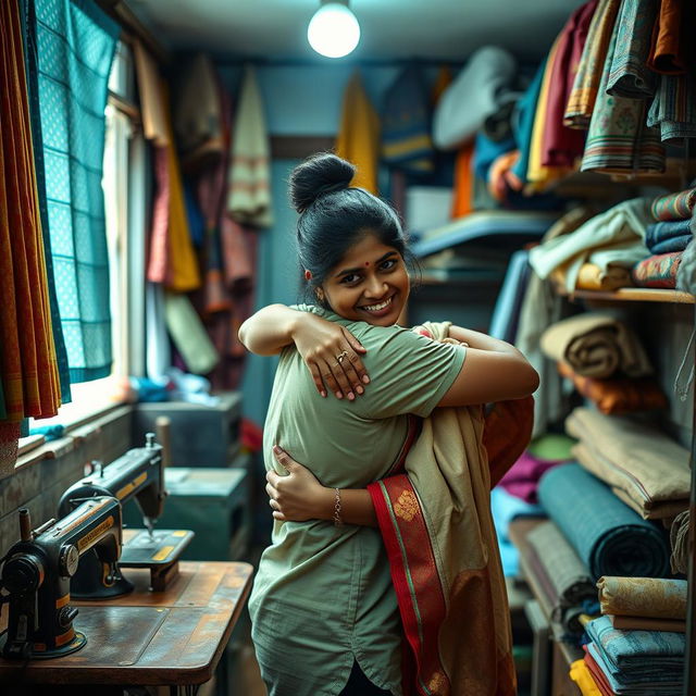 A heartwarming scene inside a small, family-owned tailor shop in a Tamil-speaking region, featuring a brother and his elder sister unexpectedly meeting after a long time