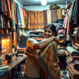 A heartwarming scene inside a small, family-owned tailor shop in a Tamil-speaking region, featuring a brother and his elder sister unexpectedly meeting after a long time