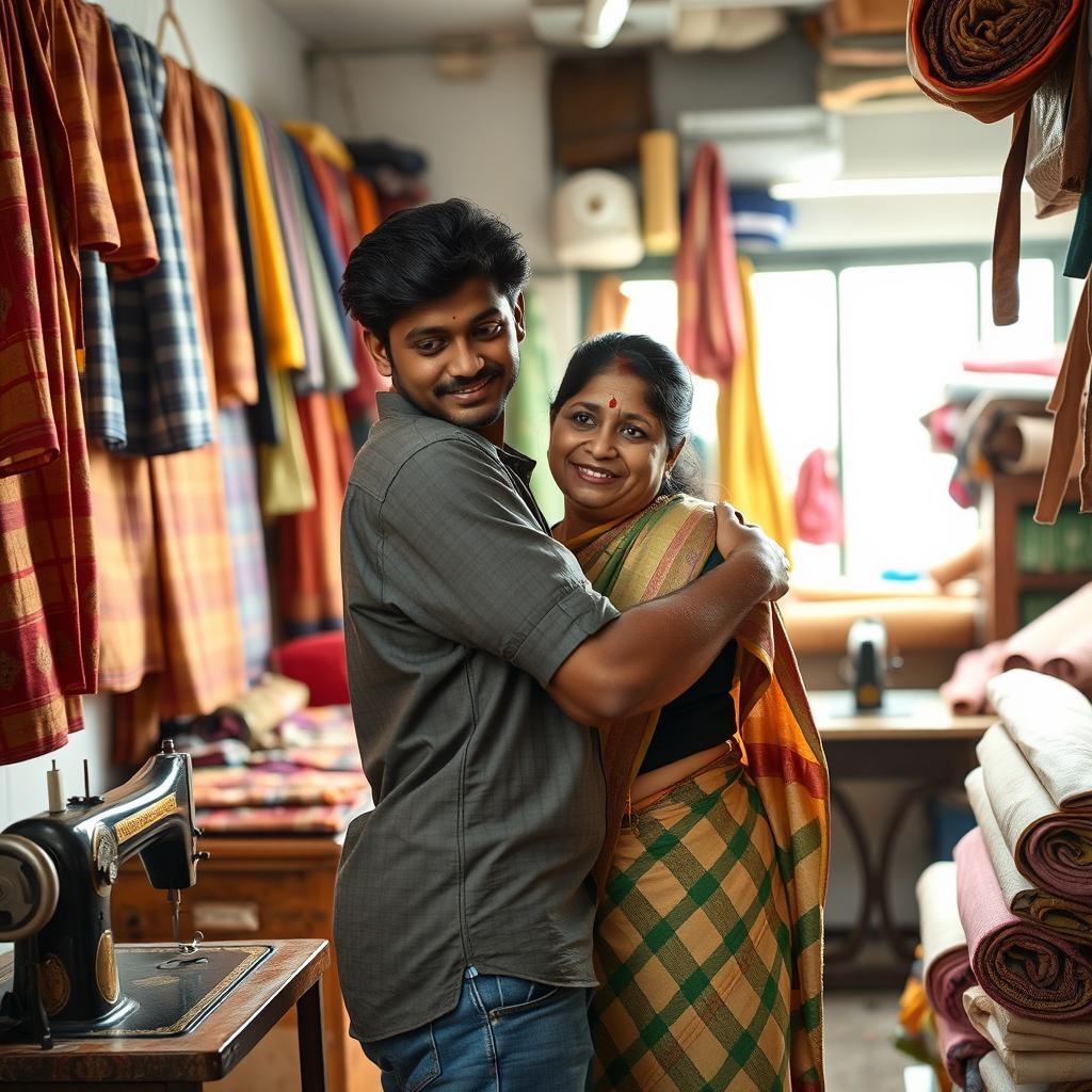 A heartwarming scene inside a small, family-owned tailor shop in a Tamil-speaking region, featuring a brother and his elder sister unexpectedly meeting after a long time