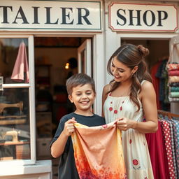A heartwarming scene outside a small, family-owned tailor shop, featuring a young boy and his 18-year-old sister