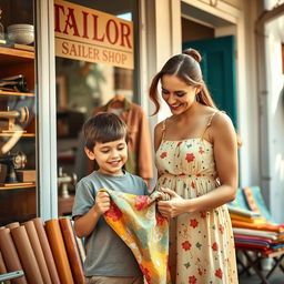 A heartwarming scene outside a small, family-owned tailor shop, featuring a young boy and his 18-year-old sister