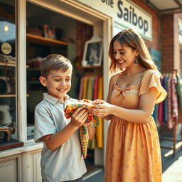 A heartwarming scene outside a small, family-owned tailor shop, featuring a young boy and his 18-year-old sister