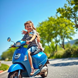 A cheerful scene featuring a boy and a girl joyfully riding a blue scooty down a scenic road