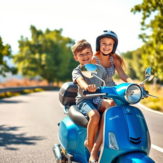 A cheerful scene featuring a boy and a girl joyfully riding a blue scooty down a scenic road