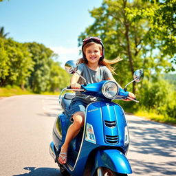 A cheerful scene featuring a boy and a girl joyfully riding a blue scooty down a scenic road