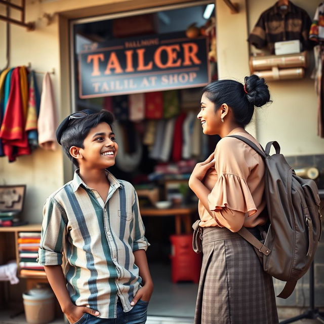 A charming scene outside a Tamil tailor shop, showcasing a 17-year-old Tamil boy and his 18-year-old sister engaged in a cheerful conversation