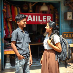 A charming scene outside a Tamil tailor shop, showcasing a 17-year-old Tamil boy and his 18-year-old sister engaged in a cheerful conversation