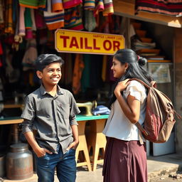 A charming scene outside a Tamil tailor shop, showcasing a 17-year-old Tamil boy and his 18-year-old sister engaged in a cheerful conversation