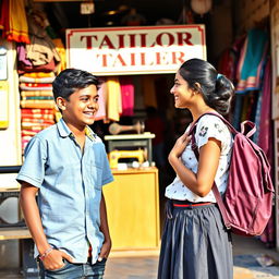A charming scene outside a Tamil tailor shop, showcasing a 17-year-old Tamil boy and his 18-year-old sister engaged in a cheerful conversation