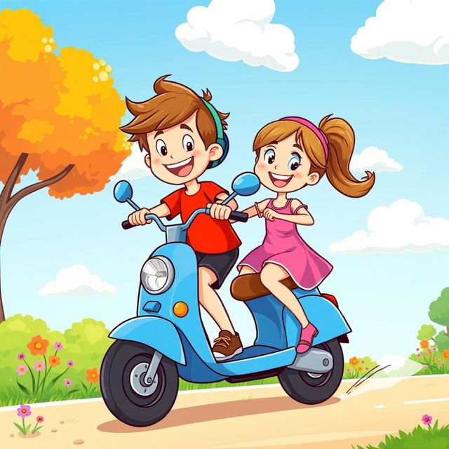 A vibrant cartoon illustration of a cheerful boy and girl riding on a blue scooty