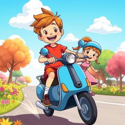 A vibrant cartoon illustration of a cheerful boy and girl riding on a blue scooty