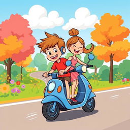 A vibrant cartoon illustration of a cheerful boy and girl riding on a blue scooty
