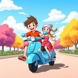 A vibrant cartoon illustration of a cheerful boy and girl riding on a blue scooty