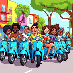 A vibrant, cartoon-style illustration featuring a diverse group of men and women joyfully riding bright blue scooters