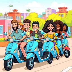 A vibrant, cartoon-style illustration featuring a diverse group of men and women joyfully riding bright blue scooters